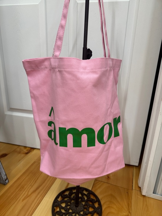 Handbags - Pink Canvas Tote Bag with Green 'amor' Print